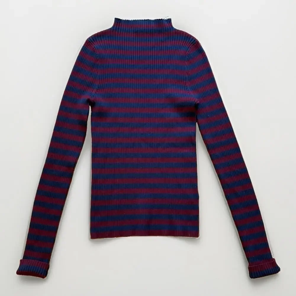 MADEWELL Mock-neck Sweater in Stripe Long Sleeves Dark Red/Navy Combo Sz S
